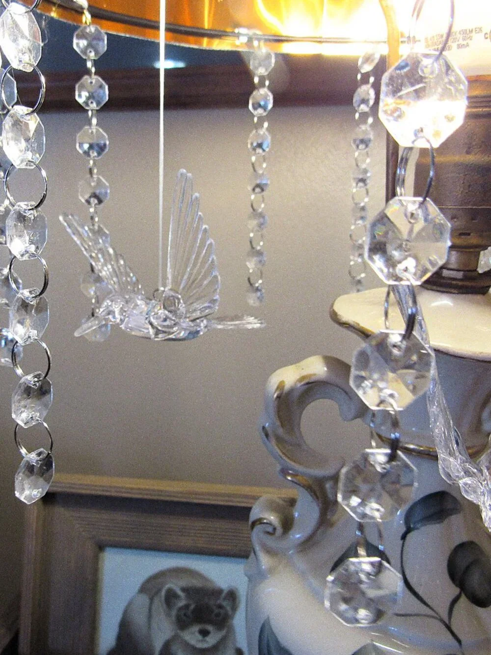 UNIQUE BEAUTIFUL TOILE LAMP SHADE WITH 3 BIRDS + FAUX CRYSTAL HANGING FRINGE